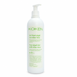Gel post depilación KOKEN aloe vera, 500 ml con dosificador, sobre fondo blanco