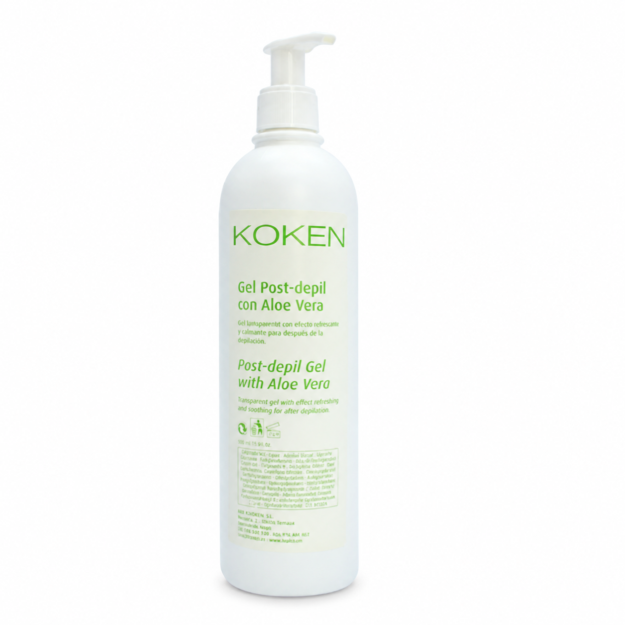 Gel post depilación KOKEN aloe vera, 500 ml con dosificador, sobre fondo blanco