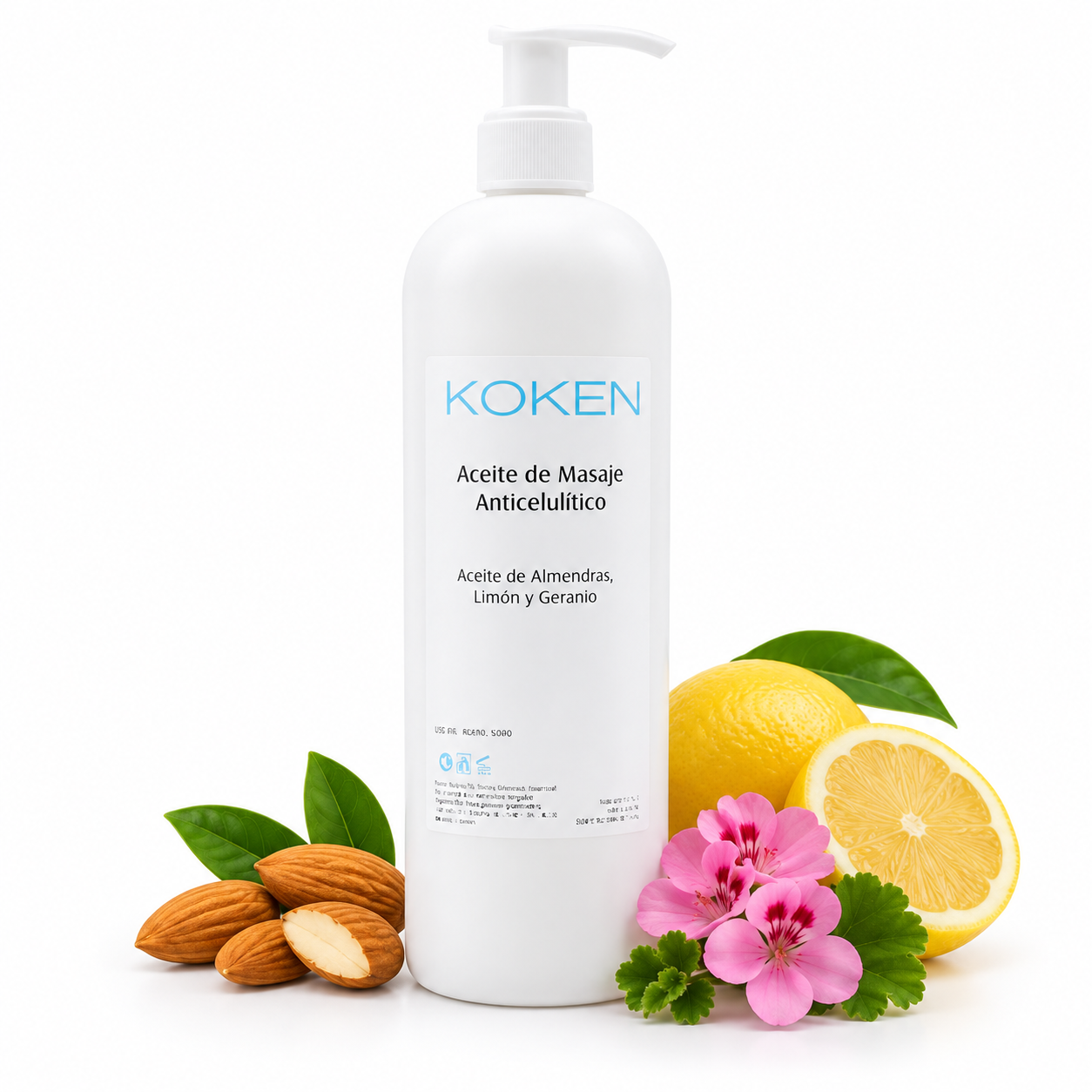 Aceite de masaje Koken 500 ml con almendras, limón y geranio sobre fondo blanco