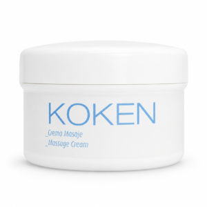 Tarro blanco Koken de crema de masaje de 250 ml sobre fondo blanco