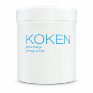 Tarro blanco Koken de crema de masaje de 500 ml sobre fondo blanco