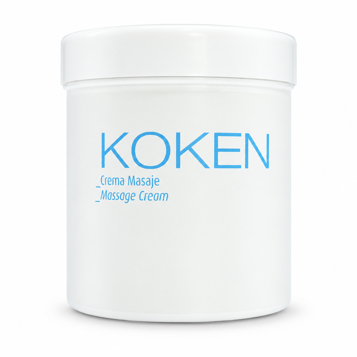 Tarro blanco Koken de crema de masaje de 500 ml sobre fondo blanco