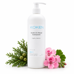 Aceite de masaje Koken 500 ml con ciprés y geranio sobre fondo blanco