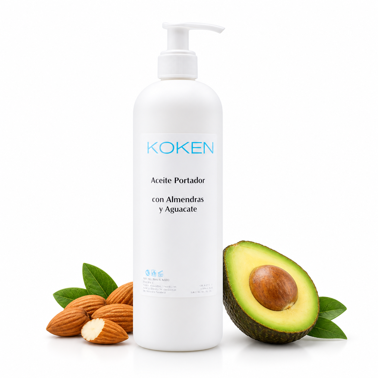 Aceite portador Koken 500 ml con almendras y aguacate sobre fondo blanco