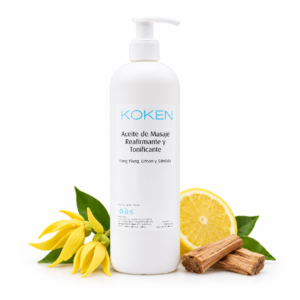Aceite de masaje Koken 500 ml con ylang ylang, limón y sándalo sobre fondo blanco