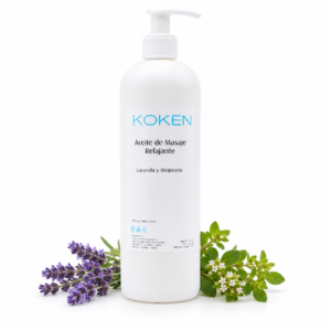 Aceite de masaje Koken 500 ml con lavanda y mejorana sobre fondo blanco