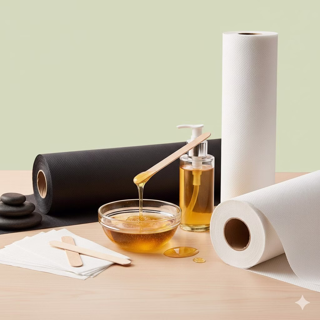 Rollos de papel para camilla profesional en blanco y negro sobre fondo neutro, acompañados de bol con miel dorada, dispensador de aceite, espátulas de madera y piedras volcánicas para tratamientos de spa