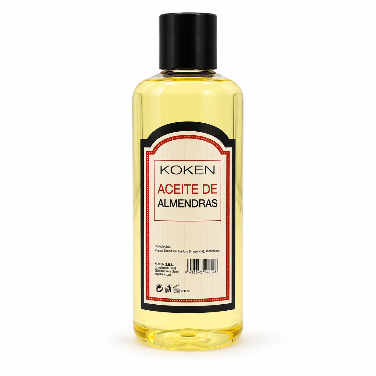 Botella KOKEN de aceite de almendras dulces 250 ml con tapón negro