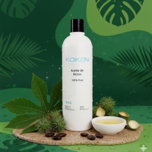 Aceite de ricino 100% puro KOKEN en botella blanca con semillas naturales y hojas verdes sobre fondo tropical