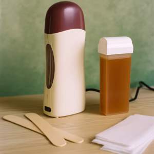 Calentador de cera roll on profesional sobre mesa de madera clara, con cartucho ámbar, dos paletas de madera y tiras depilatorias; fondo verde claro, encuadre cuadrado 1024×1024.