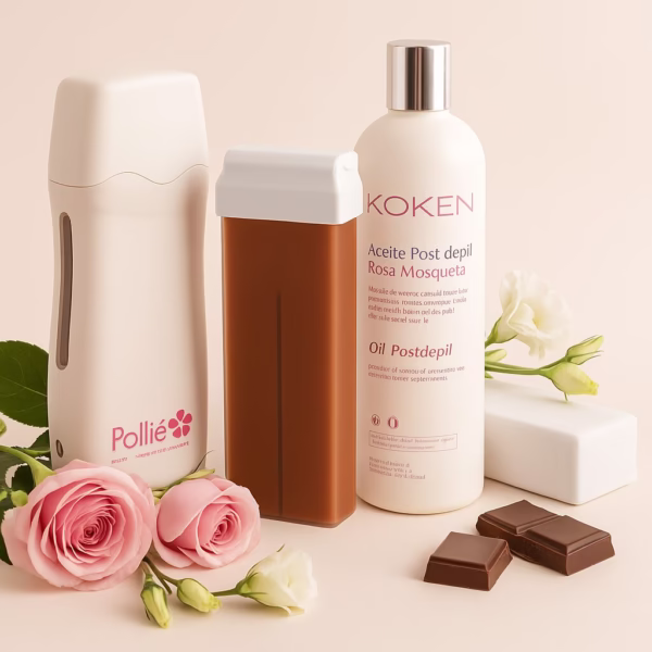 Kit completo depilación profesional calentador Pollié roll-on cartuchos cera chocolate bandas aceite post-depilación Rosa Mosqueta Koken