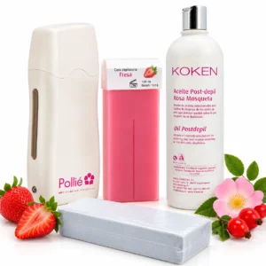 Kit completo depilación profesional calentador Pollié roll-on cartuchos cera chocolate bandas aceite post-depilación Rosa Mosqueta Koken