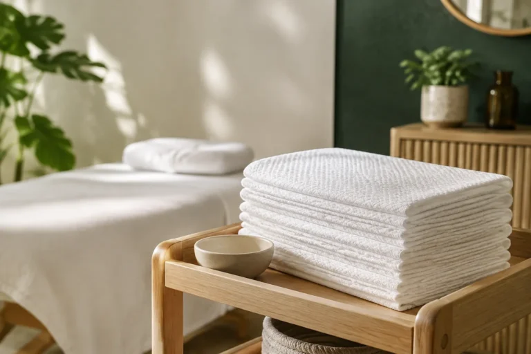 Toallas desechables profesionales blancas preparadas en una cabina de estética