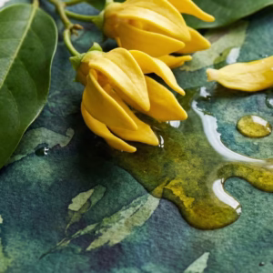 Flores amarillas de ylang ylang con aceite esencial sobre superficie natural - propiedades y beneficios para aromaterapia