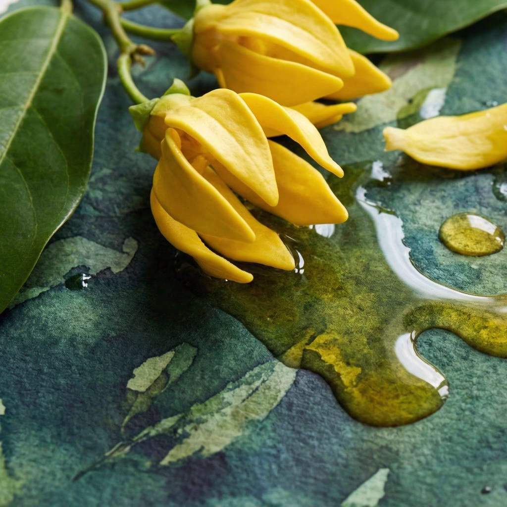 Flores amarillas de ylang ylang con aceite esencial sobre superficie natural - propiedades y beneficios para aromaterapia