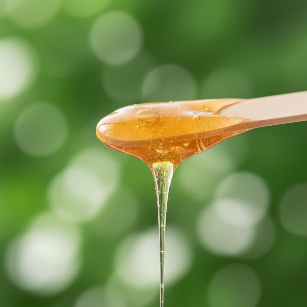 Cera depilatoria natural color miel goteando de espátula de madera sobre fondo verde