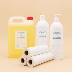 Pack Masaje Profesional KOKEN con aceite de almendras 5 L, gel conductor, aceite rosa mosqueta 1 L y 3 rollos de papel camilla.