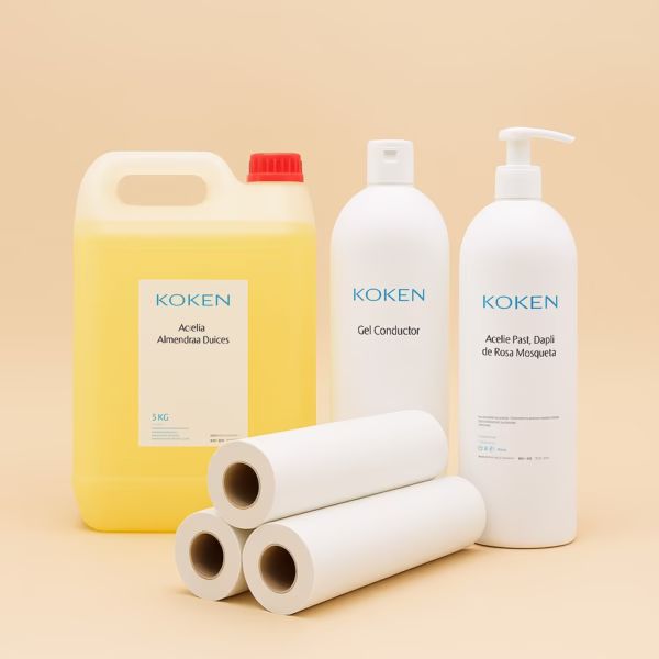 Pack Masaje Profesional - Aceite Almendras 5L + Gel Conductor + Papel Camilla (1) Pack Masaje Profesional KOKEN con aceite de almendras 5 L, gel conductor, aceite rosa mosqueta 1 L y 3 rollos de papel camilla.