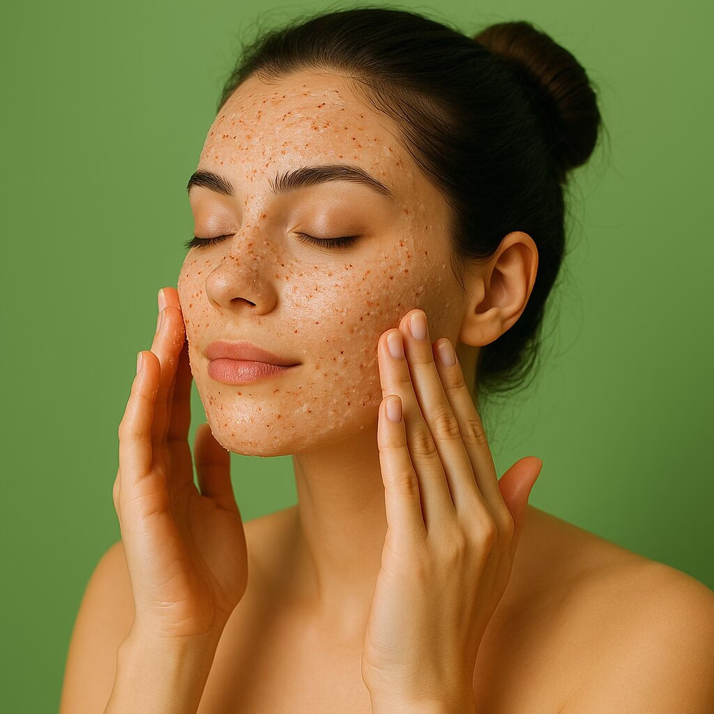 Mujer aplicando exfoliante facial con partículas naturales para peeling mecánico en casa