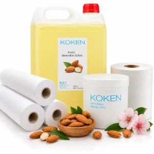Pack de masaje profesional con aceite de almendras 5 L, crema neutra, papel camilla y papel Spun Laced
