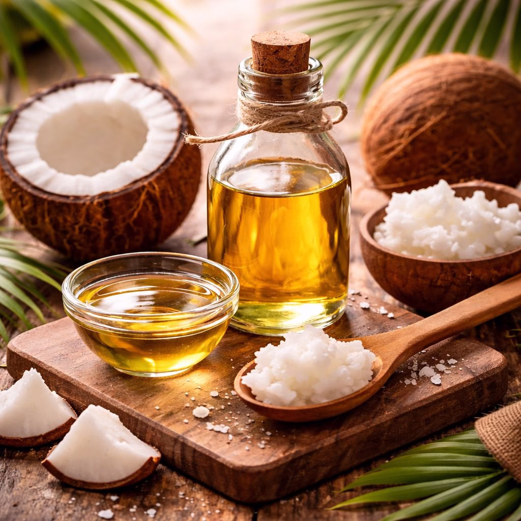 Aceite de coco virgen en frasco de vidrio con cocos frescos partidos y pulpa de coco en cuchara de madera sobre tabla rústica