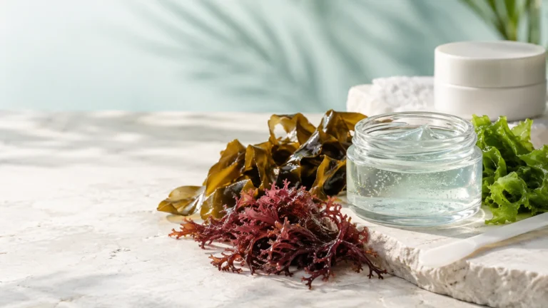 Algas marinas pardas, rojas y verdes junto a un gel cosmético