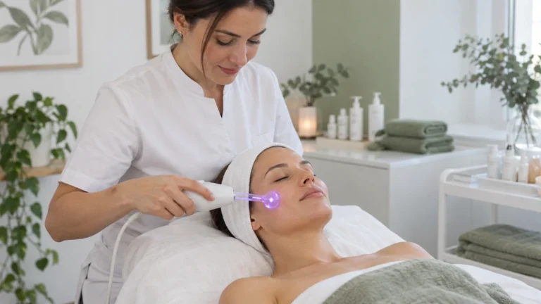 Esteticista aplicando alta frecuencia facial con electrodo de vidrio violeta