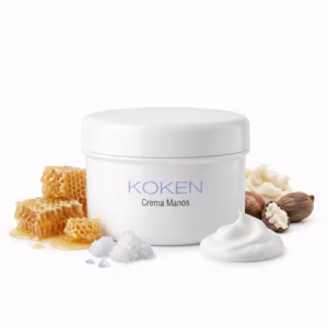 Crema de manos Koken 250ml con manteca de karité y miel, ingredientes naturales visibles alrededor del tarro blanco sobre fondo limpio