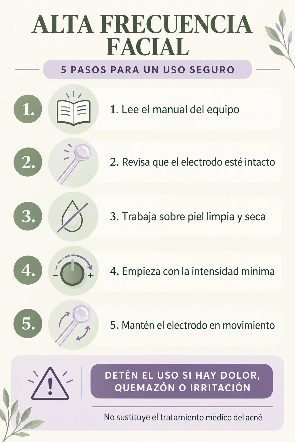 Infografía con cinco pasos para usar la alta frecuencia facial de forma segura