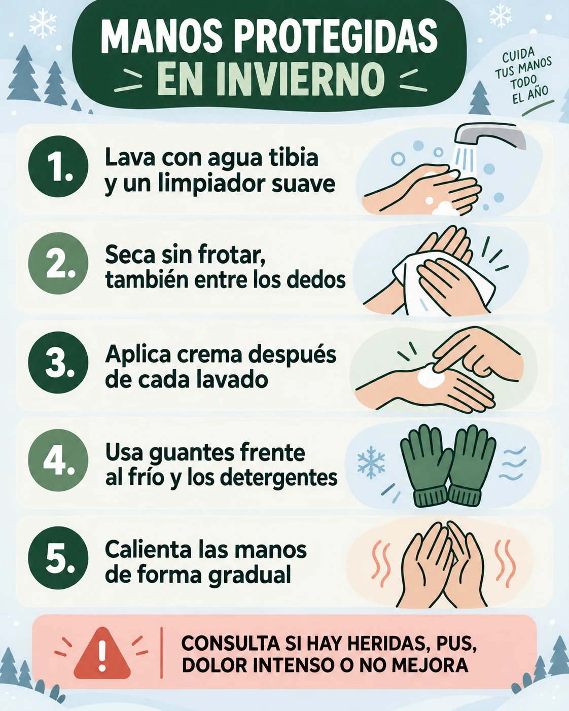 Infografía con cinco pasos para proteger las manos en invierno