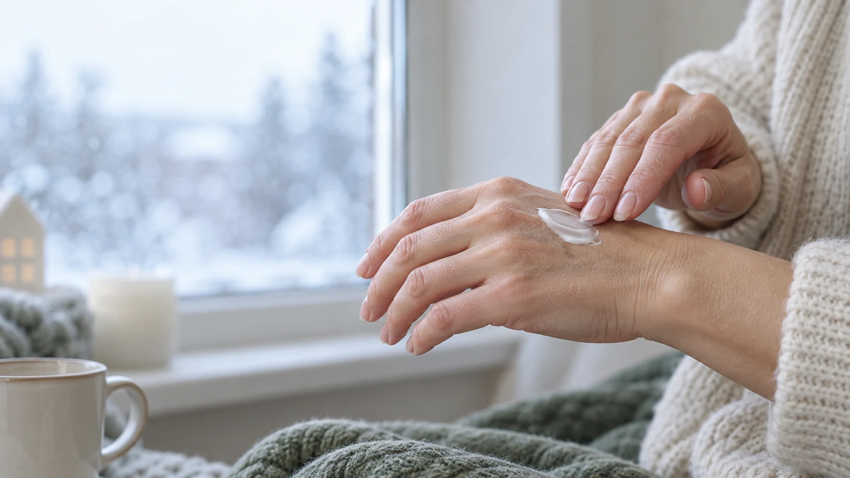 Mujer aplicando crema para proteger las manos secas en invierno