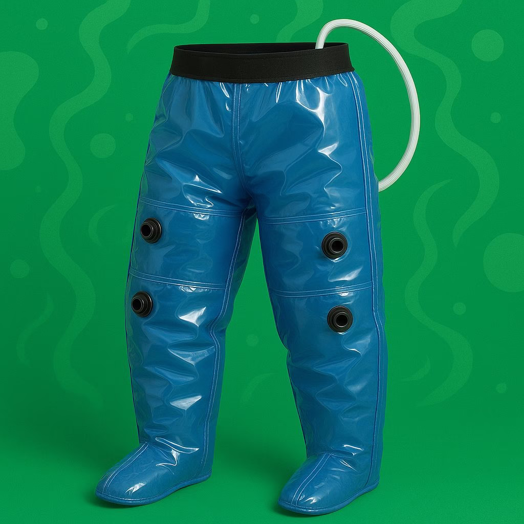 Equipo neumático de presoterapia donde se introduce el pantalón desechable higiénico para tratamientos profesionales