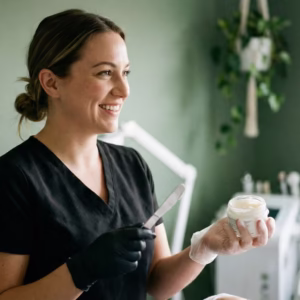 Esteticista profesional usando guantes de nitrilo negro y vinilo transparente durante tratamiento facial en centro de belleza moderno