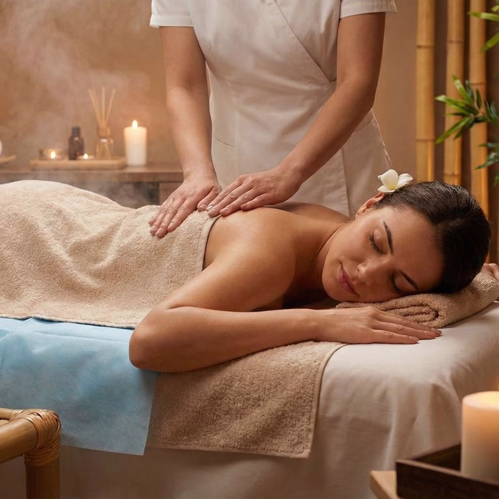 Mujer recibiendo masaje relajante en camilla con sábana desechable azul en spa profesional, ambiente tranquilo con velas aromáticas