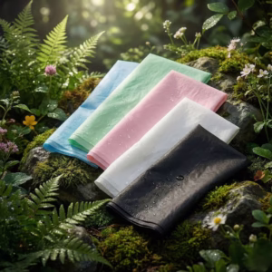 Sábanas desechables para camilla en diferentes colores: azul, verde, rosa, blanco y negro sobre fondo natural con gotas de agua mostrando su impermeabilidad