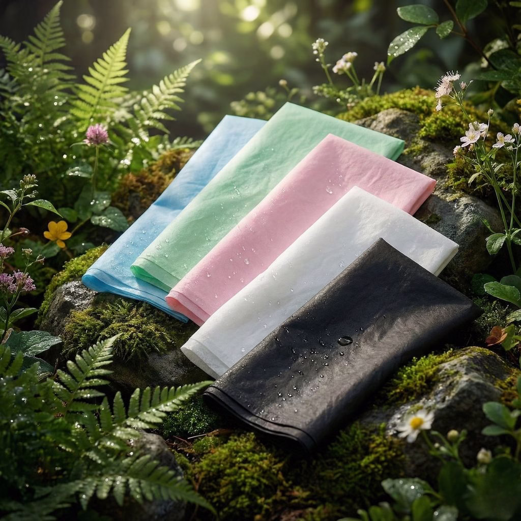 Sábanas desechables para camilla en diferentes colores: azul, verde, rosa, blanco y negro sobre fondo natural con gotas de agua mostrando su impermeabilidad