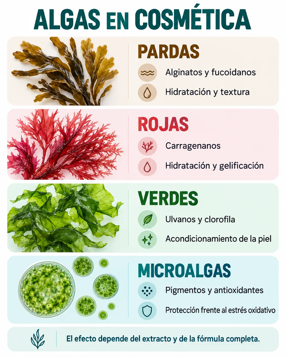 Infografía sobre algas pardas, rojas, verdes y microalgas en cosmética