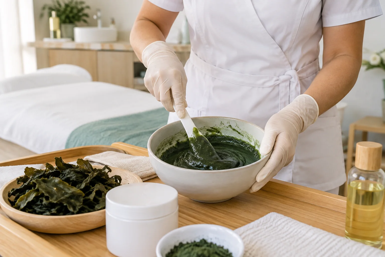 Profesional preparando una envoltura cosmética de algas en una cabina de estética