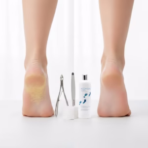 Comparación antes y después de tratamiento para durezas en pies: talón izquierdo con dureza amarillenta visible, talón derecho suave y tratado, con herramientas profesionales de pedicura incluyendo alicate, lima y ablandador de durezas en el centro