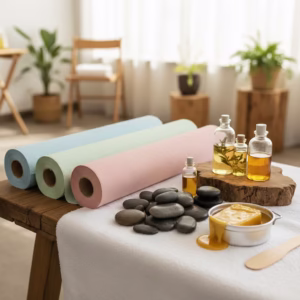 Rollos de papel camilla profesional en colores azul, verde y rosa sobre mesa de madera con aceites esenciales, piedras de masaje y productos de spa en ambiente wellness