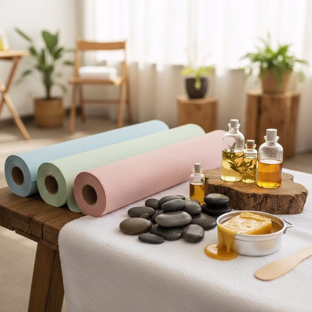 Rollos de papel camilla profesional en colores azul, verde y rosa sobre mesa de madera con aceites esenciales, piedras de masaje y productos de spa en ambiente wellness