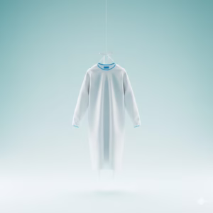 Bata desechable blanca de manga larga con puños azules, fabricada en polipropileno para protección sanitaria en hospitales, clínicas y laboratorios - PapelCamilla.com