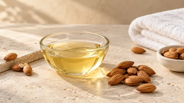 Aceite de almendras dulces con almendras y toalla de masaje