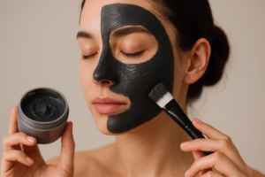 Mujer aplicando mascarilla de carbón activo facial negra sobre el rostro con pincel