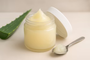 Beneficios de la vaselina: tarro abierto de vaselina pura con cuchara y hojas de aloe vera