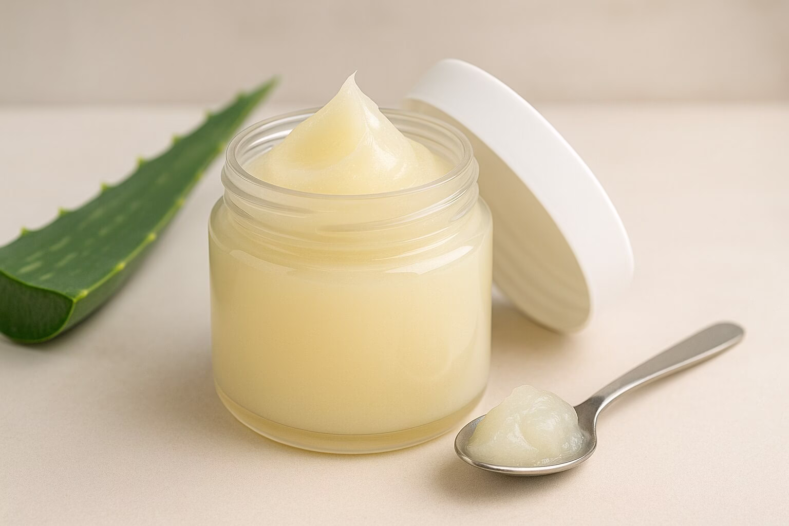 Beneficios de la vaselina: tarro abierto de vaselina pura con cuchara y hojas de aloe vera