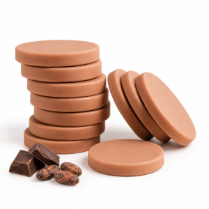 Discos de cera chocolate con cacao y chocolate decorativos sobre fondo blanco