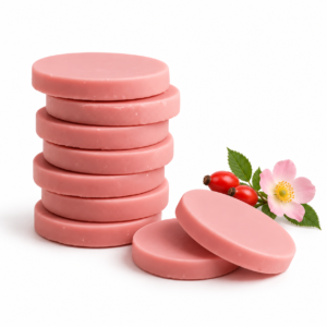 Discos de cera rosa con detalle decorativo de rosa mosqueta sobre fondo blanco