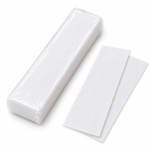Bandas depilatorias blancas de celulosa, un paquete sellado y dos tiras