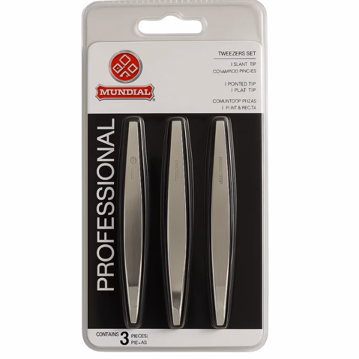 Kit de 3 pinzas de depilar Mundial Professional de acero inoxidable en blíster
